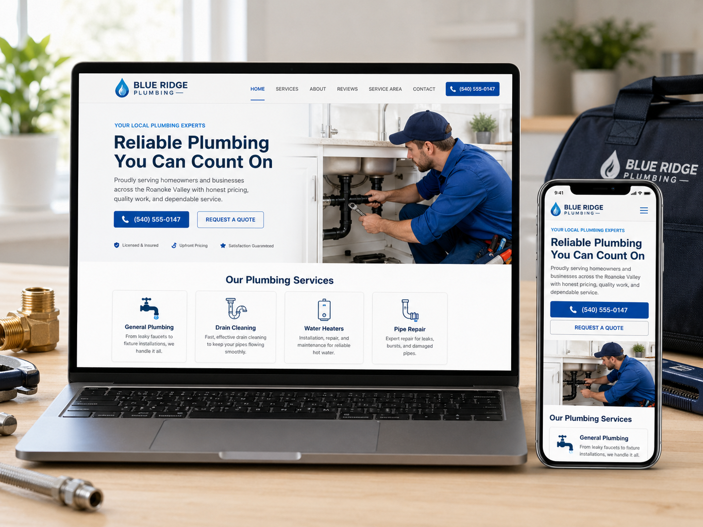 Laptop and phone showing a polished plumber website design.